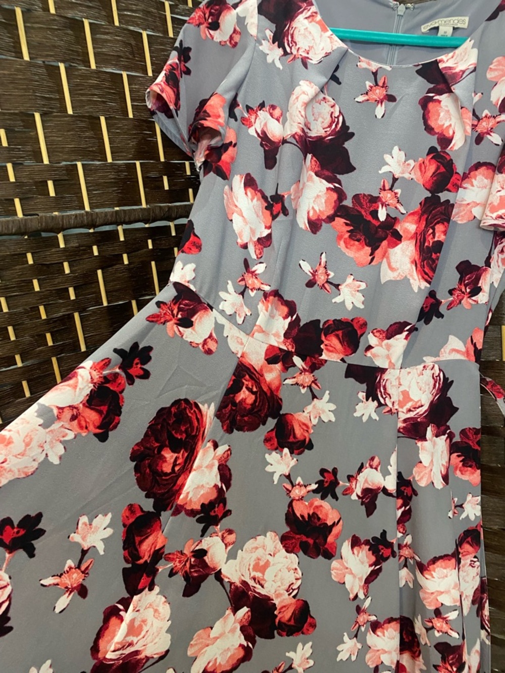 New York & Company Gray Midi Dress with Pink Floral Print